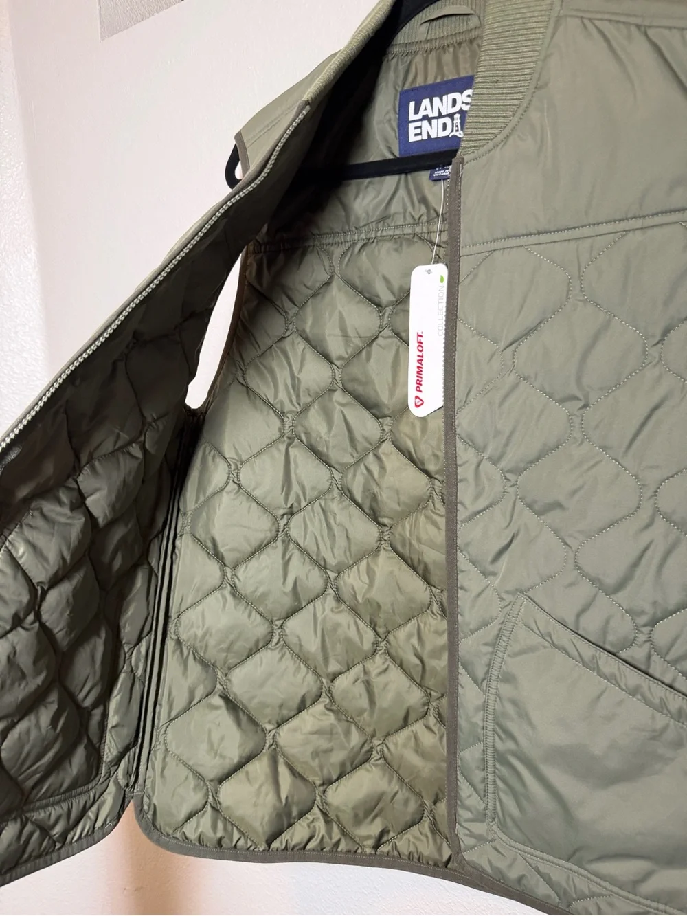 Quilted Olive Green Men's Vest Land’s End utility Sz small 34-36 primaloft zip